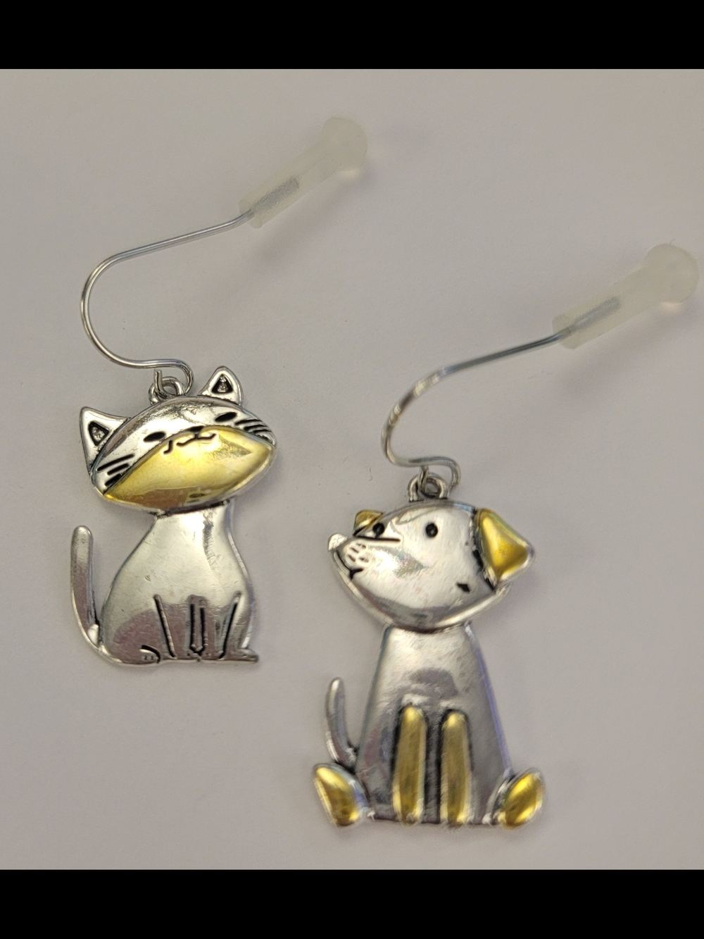 Silver and Gold Cat & Dog Dangle Earrings